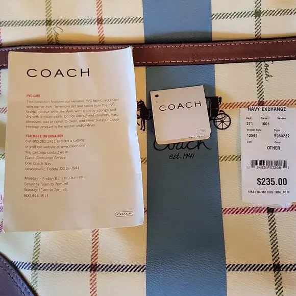Coach Heritage Plaid Tattersall Tote Bag - Cream, Blue, and Brown 12561
